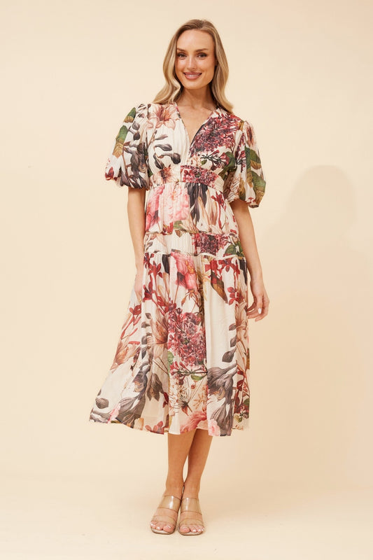 Image of Dresses. Product name - ANUSHKA FLORAL MIDI DRESS in Multi Beige colour by brand - Caroline Morgan Australia