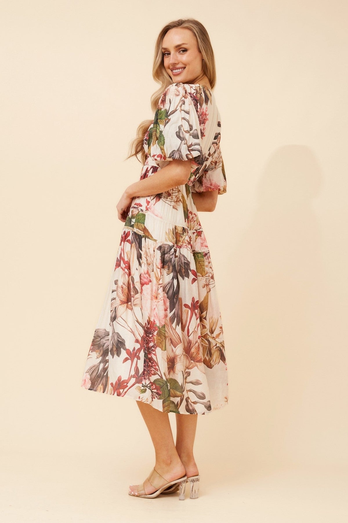 ANUSHKA FLORAL MIDI DRESS (Multi Beige)