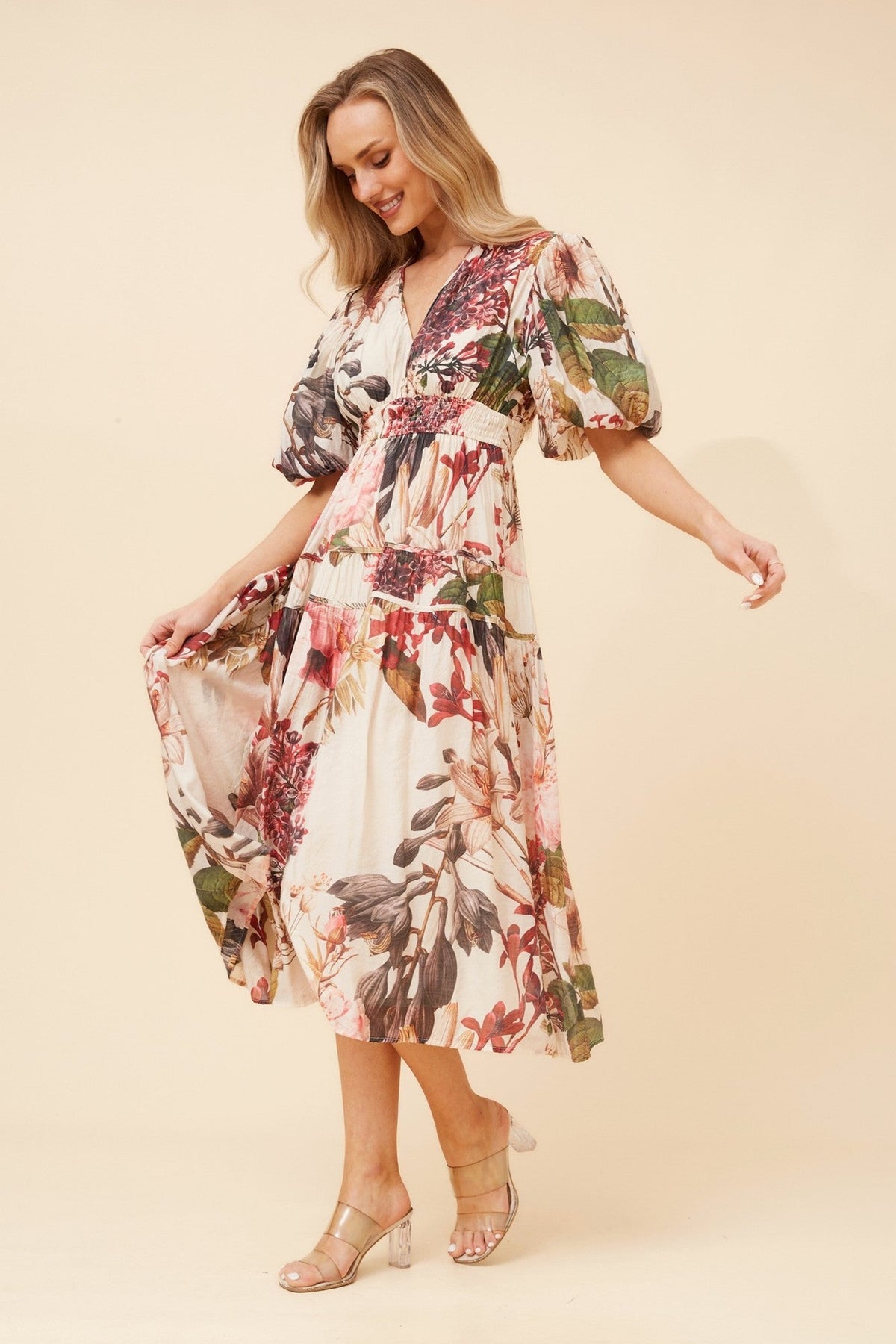 ANUSHKA FLORAL MIDI DRESS (Multi Beige)