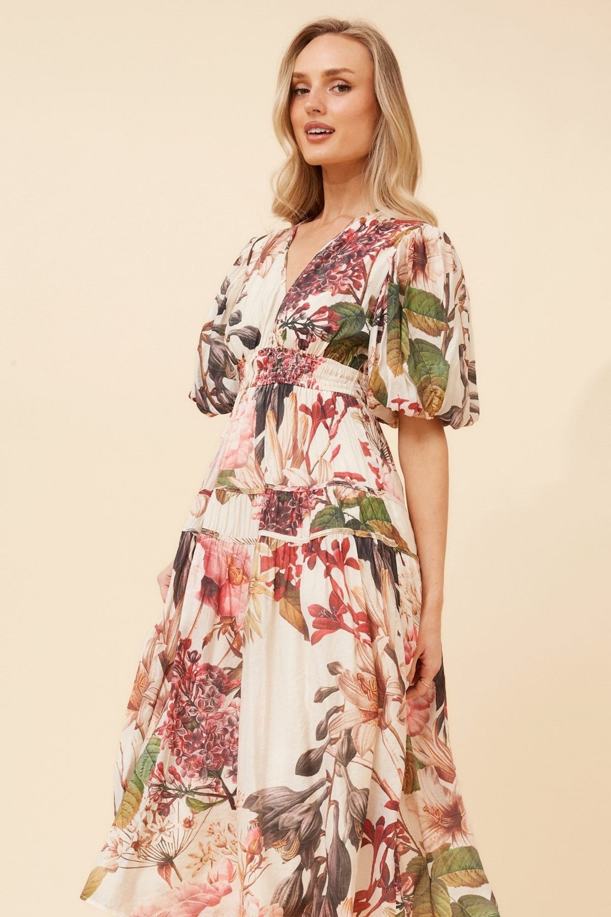 ANUSHKA FLORAL MIDI DRESS (Multi Beige)