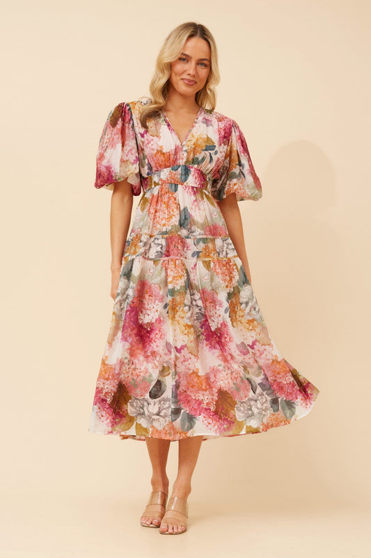 Image of Dresses. Product name - ANUSHKA FLORAL MIDI DRESS in Multi Pink colour by brand - Caroline Morgan Australia