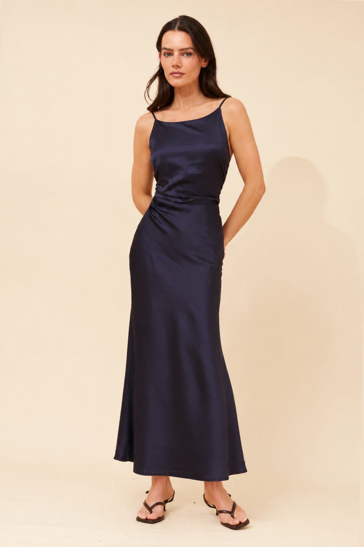 Image of Dresses. Product name - FIDELIA SATIN MAXI DRESS in Navy colour by brand - Caroline Morgan Australia