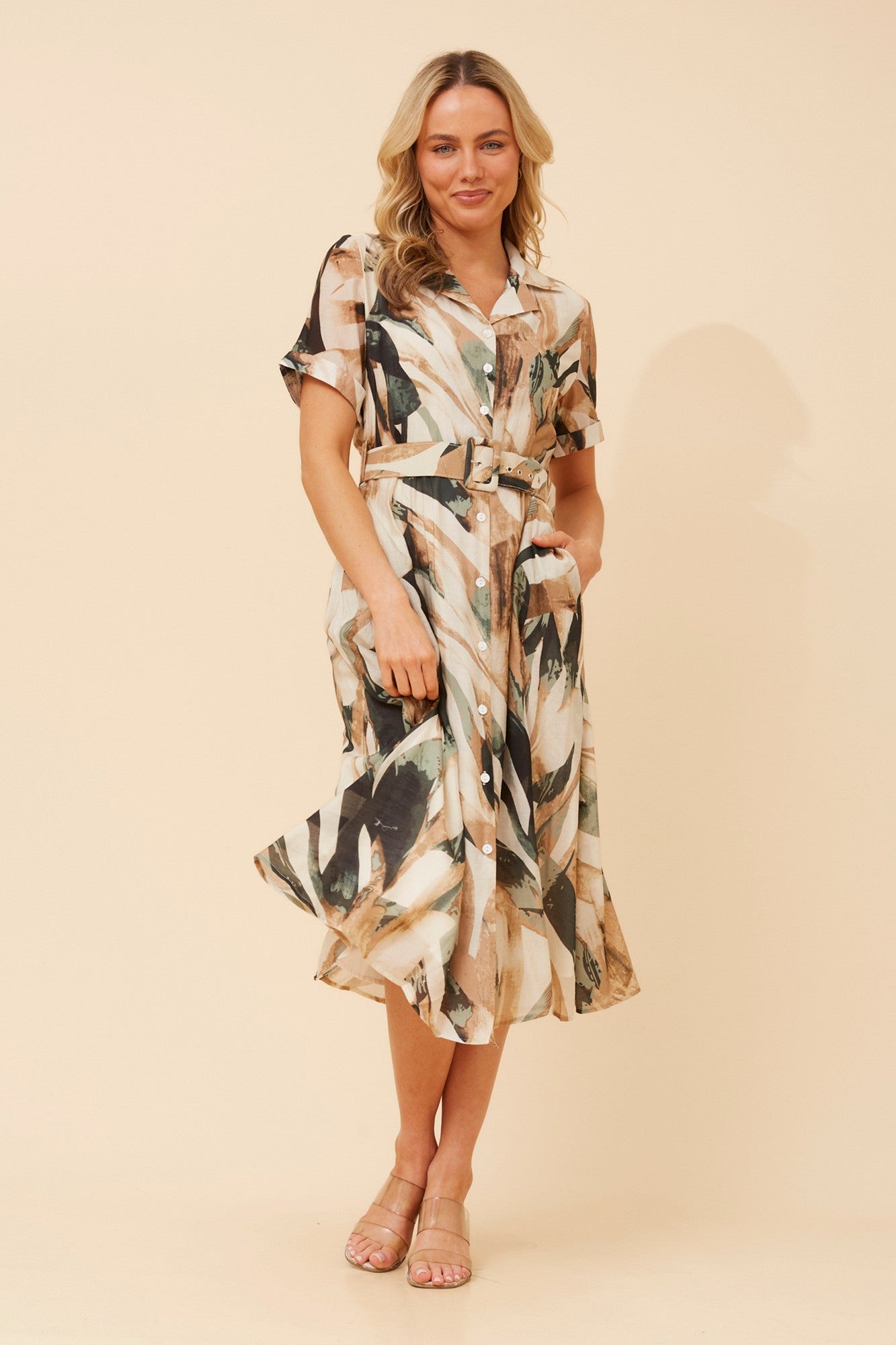 Image of Dresses. Product name - ALANIA ABSTRACT PRINT SHIRT DRESS in Beige colour by brand - Caroline Morgan Australia