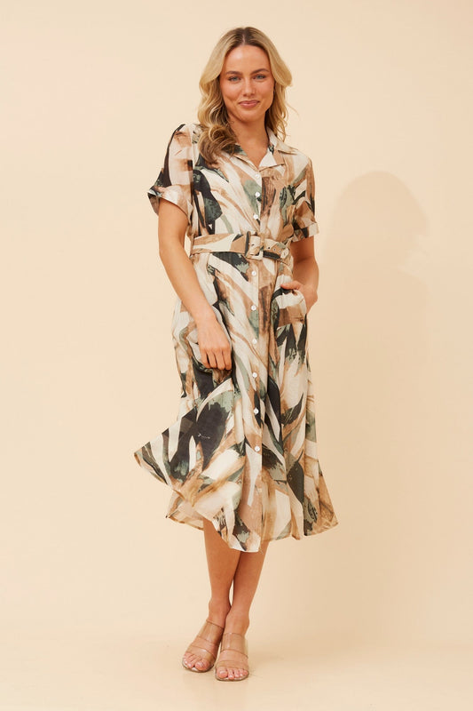 Image of Dresses. Product name - ALANIA ABSTRACT PRINT SHIRT DRESS in Beige colour by brand - Caroline Morgan Australia