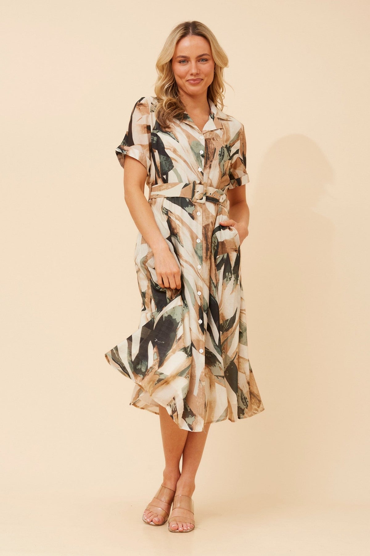 ALANIA ABSTRACT PRINT SHIRT DRESS (Beige)