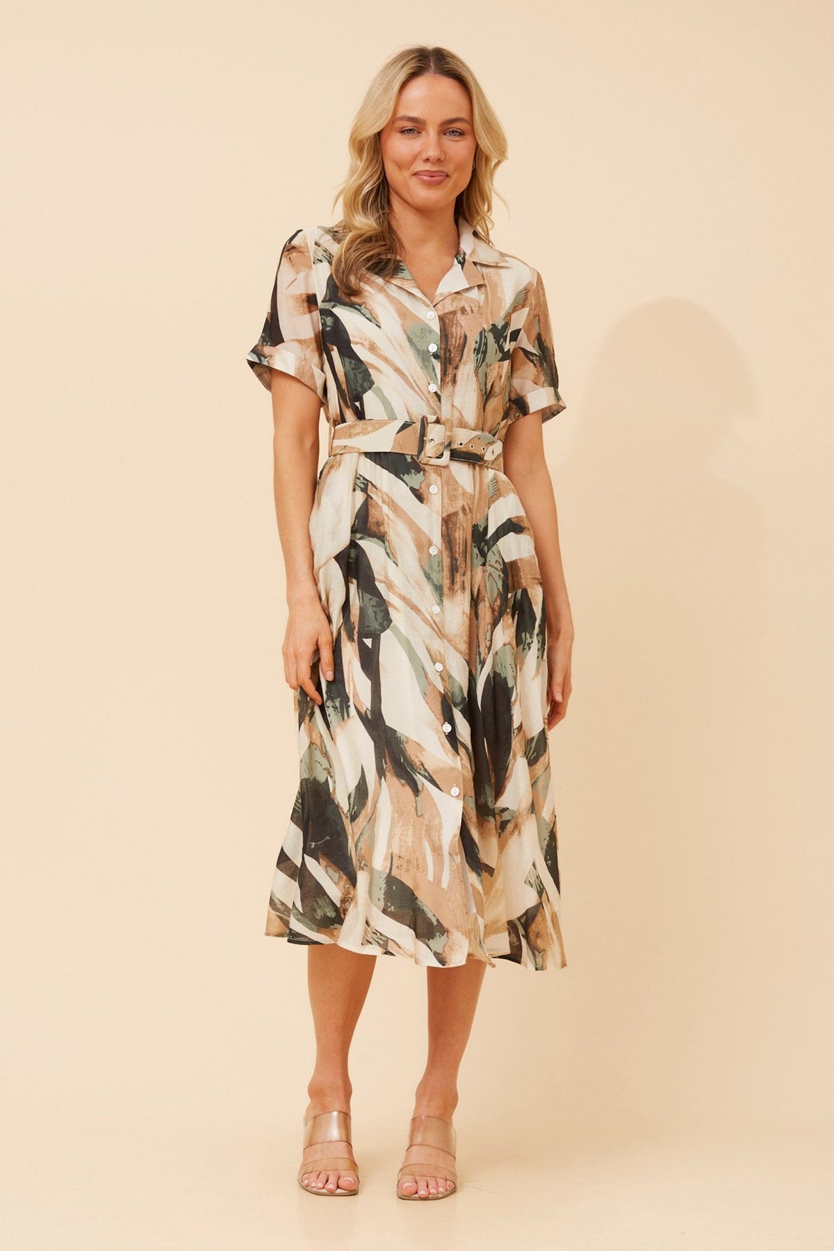 ALANIA ABSTRACT PRINT SHIRT DRESS (Beige)