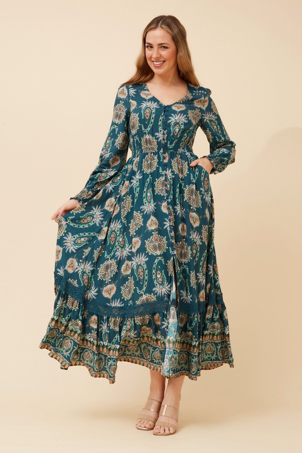 Image of Dresses. Product name - MARRAKECH BORDER PRINT MAXI DRESS in Teal colour by brand - Caroline Morgan Australia
