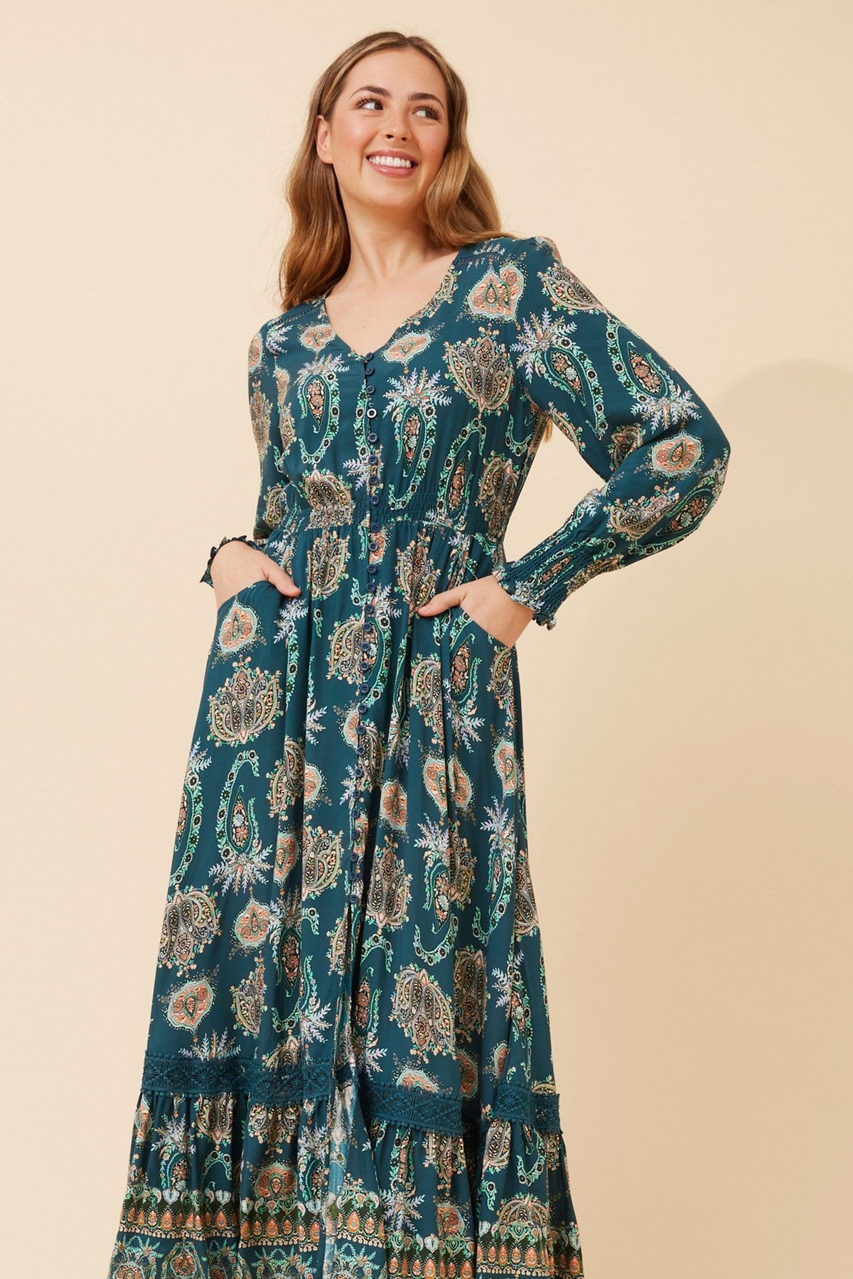 MARRAKECH BORDER PRINT MAXI DRESS (Teal)