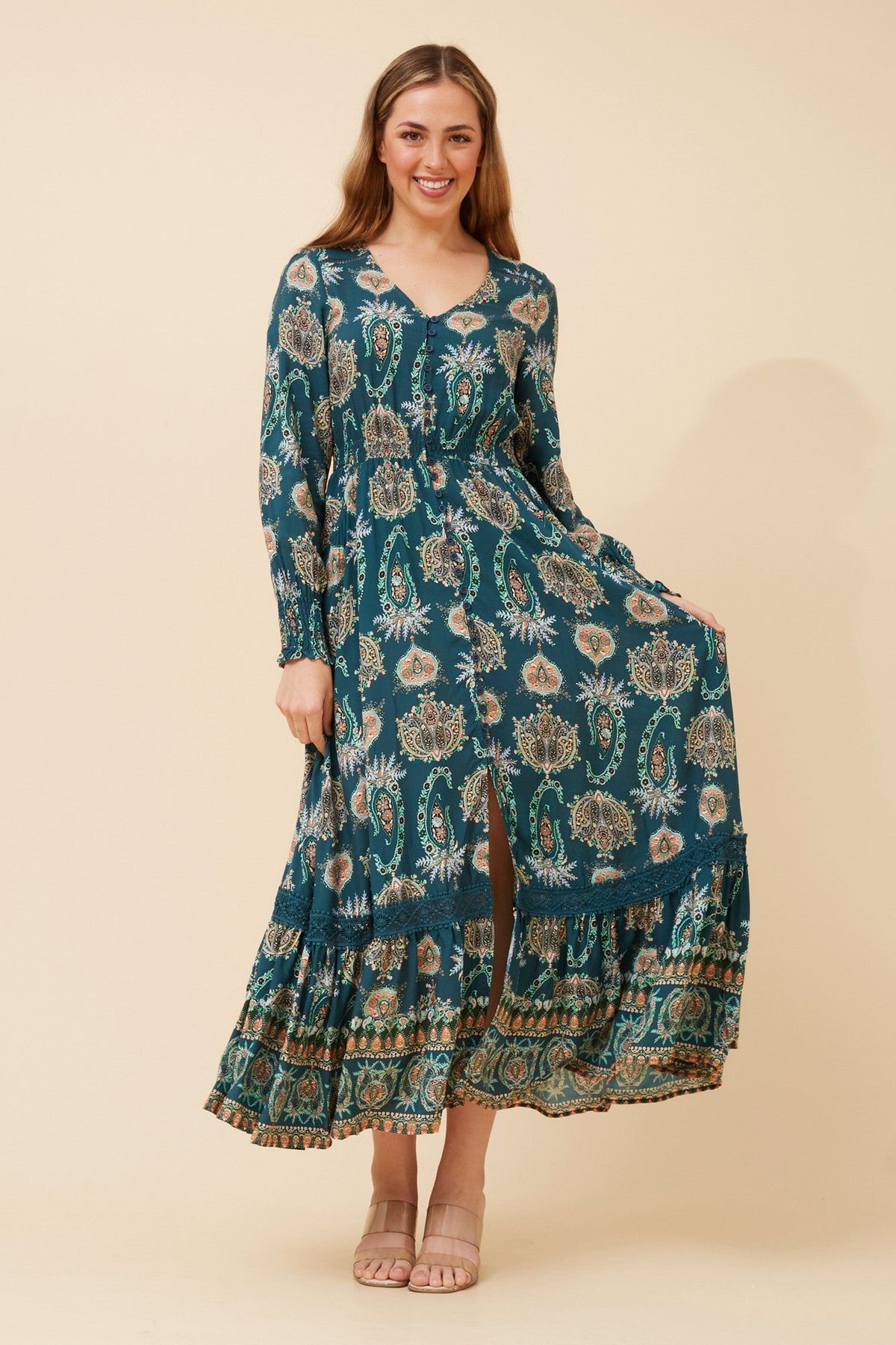MARRAKECH BORDER PRINT MAXI DRESS (Teal)