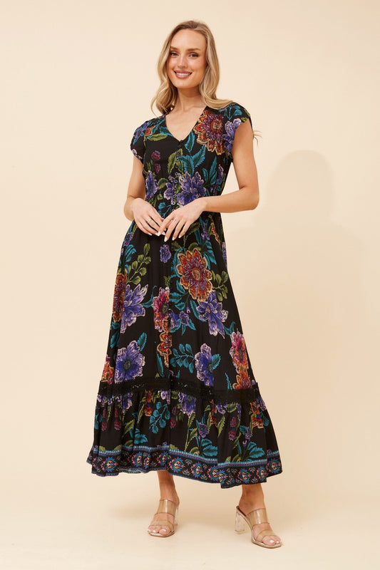 Image of Dresses. Product name - MOROCCO BORDER PRINT MAXI DRESS in Black colour by brand - Caroline Morgan Australia