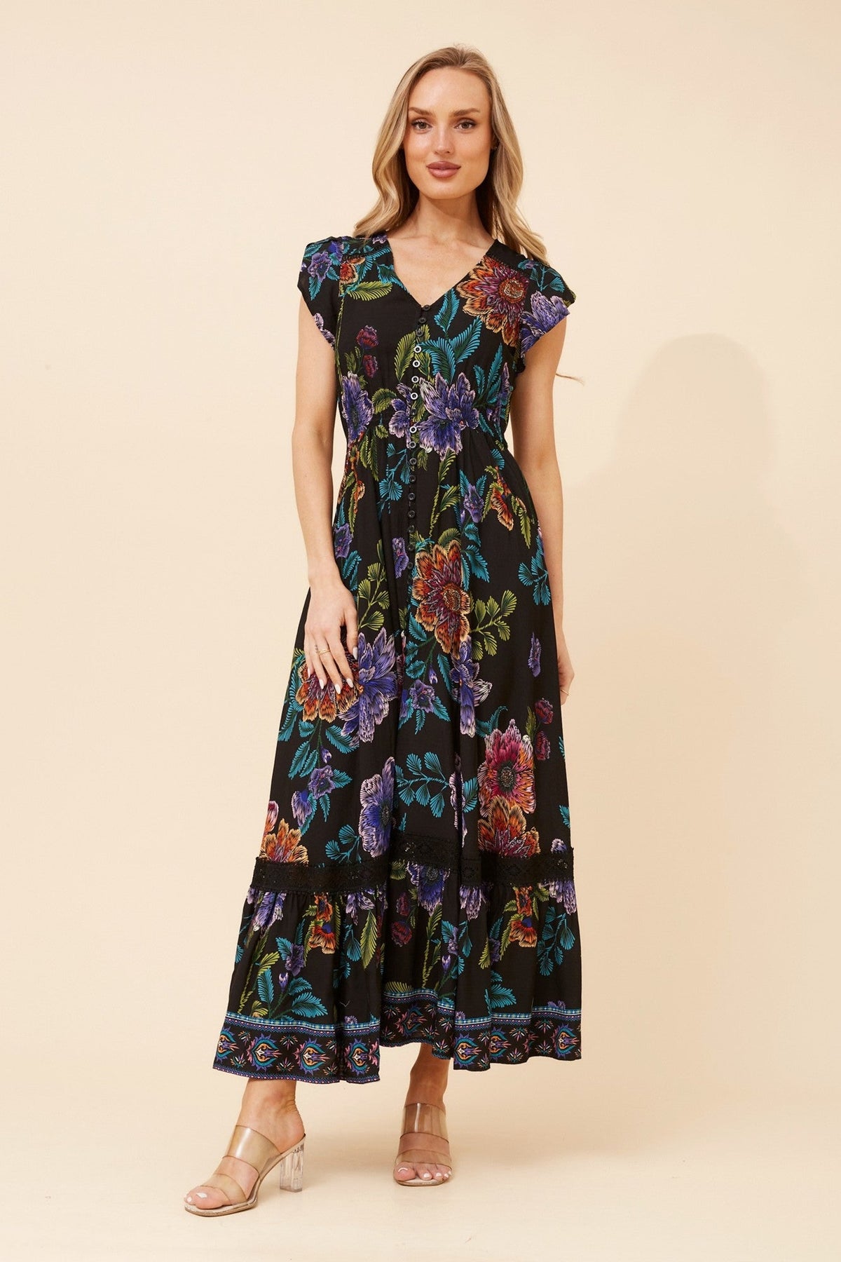 MOROCCO BORDER PRINT MAXI DRESS (Black)