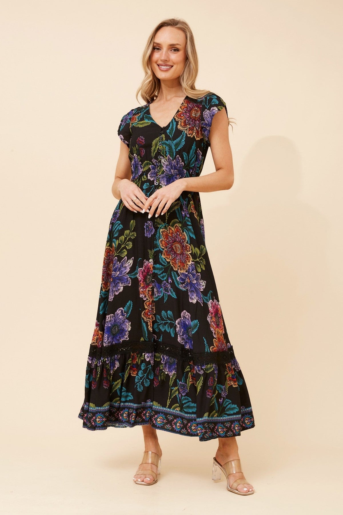 MOROCCO BORDER PRINT MAXI DRESS (Black)