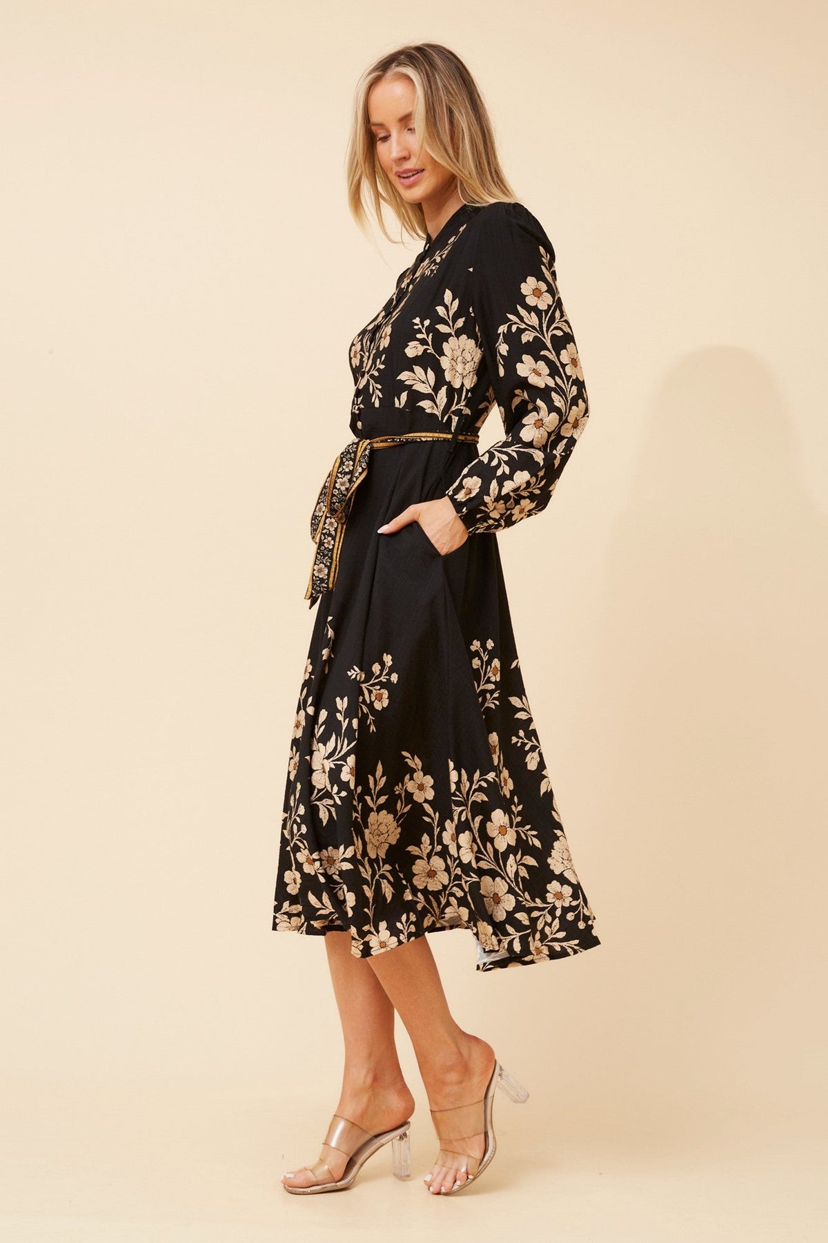 Image of Dresses. Product name - MUSETTA FLORAL MIDI DRESS in Multi Black colour by brand - Stella