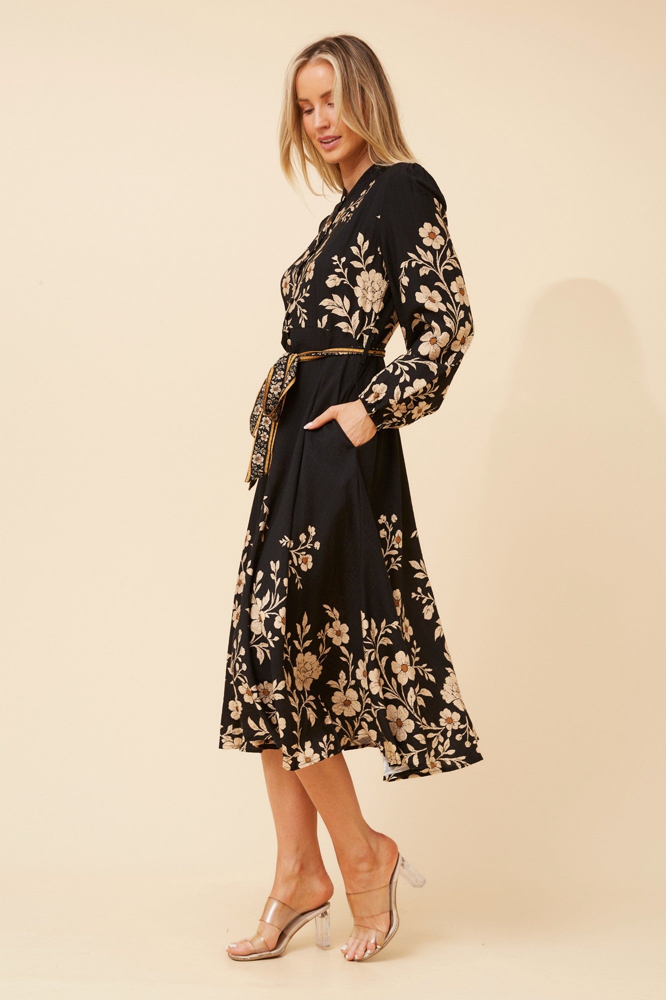 Image of Dresses. Product name - MUSETTA FLORAL MIDI DRESS in Multi Black colour by brand - Stella