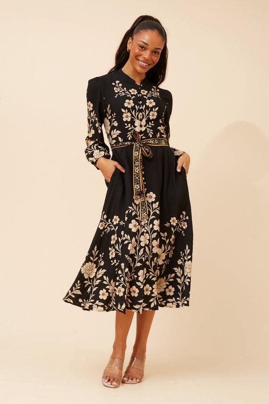 MUSETTA FLORAL MIDI DRESS (Multi Black)