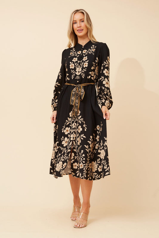 Image of Dresses. Product name - MUSETTA FLORAL MIDI DRESS in Multi Black colour by brand - Stella