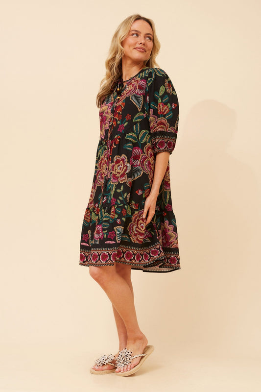 Image of Dresses. Product name - JAVANA BORDER PRINT DRESS in Black colour by brand - Caroline Morgan Australia
