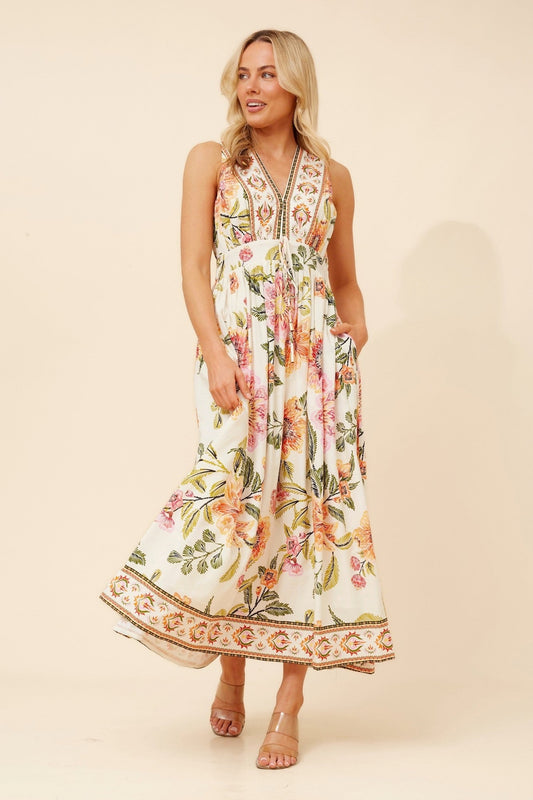 Image of Dresses. Product name - MARA BORDER PRINT MAXI DRESS in Ivory colour by brand - Caroline Morgan Australia