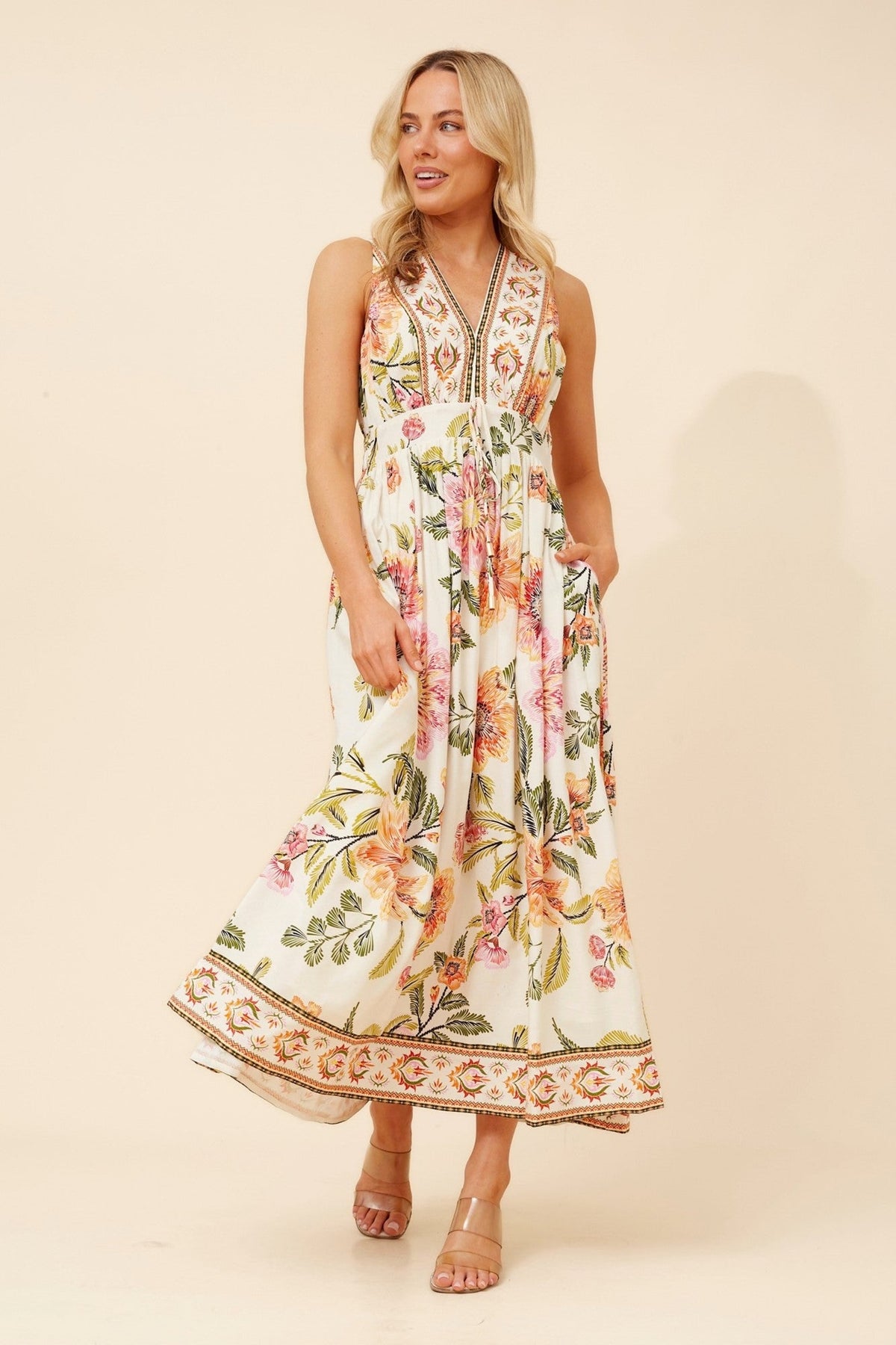 Caroline Morgan Australia MARA BORDER PRINT MAXI DRESS (Ivory)