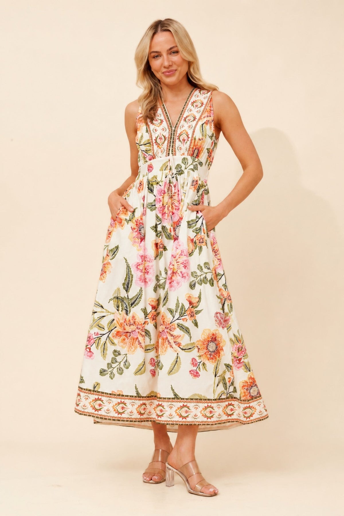 Caroline Morgan Australia MARA BORDER PRINT MAXI DRESS (Ivory)