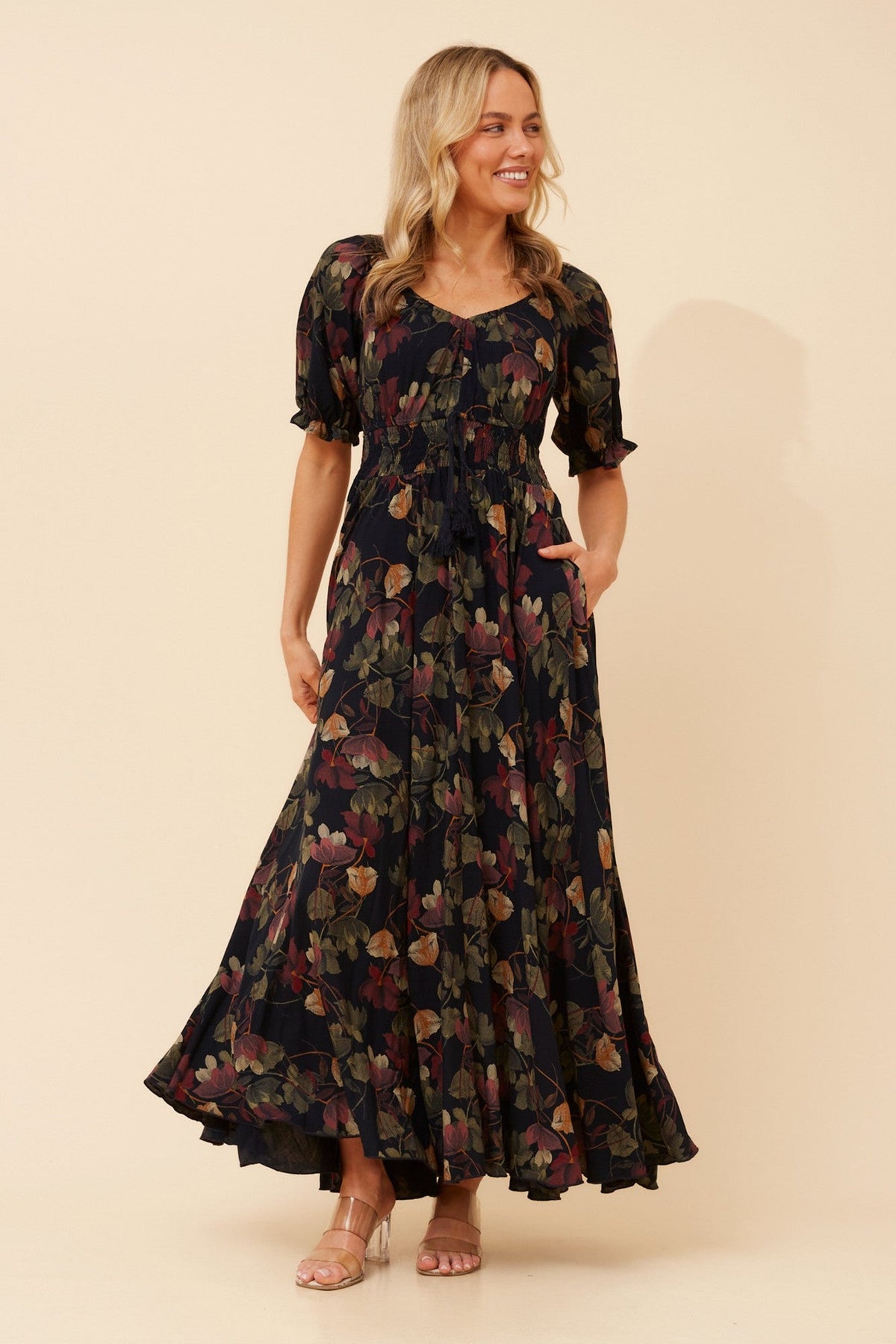 Image of Dresses. Product name - DAISY FLORAL MAXI DRESS in Navy colour by brand - Caroline Morgan Australia