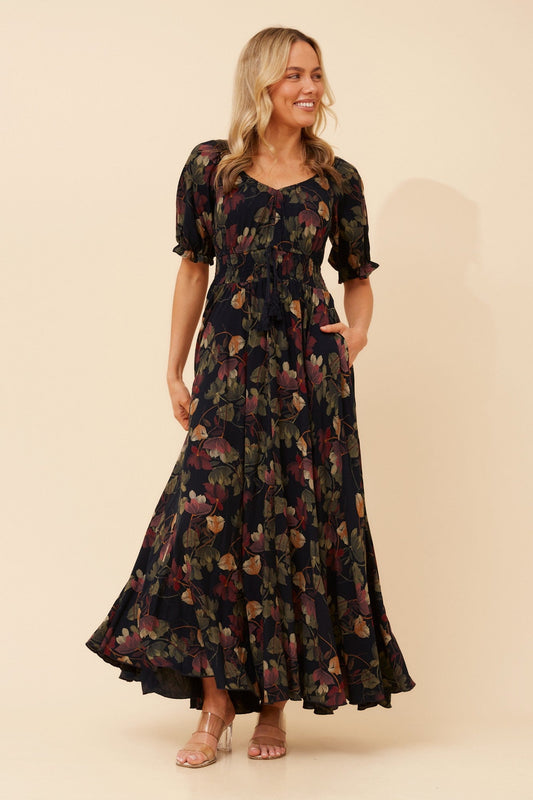 Image of Dresses. Product name - DAISY FLORAL MAXI DRESS in Navy colour by brand - Caroline Morgan Australia