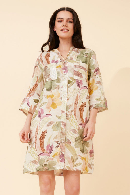 ELYSIA FLORAL LINEN DRESS (Multi Cream)