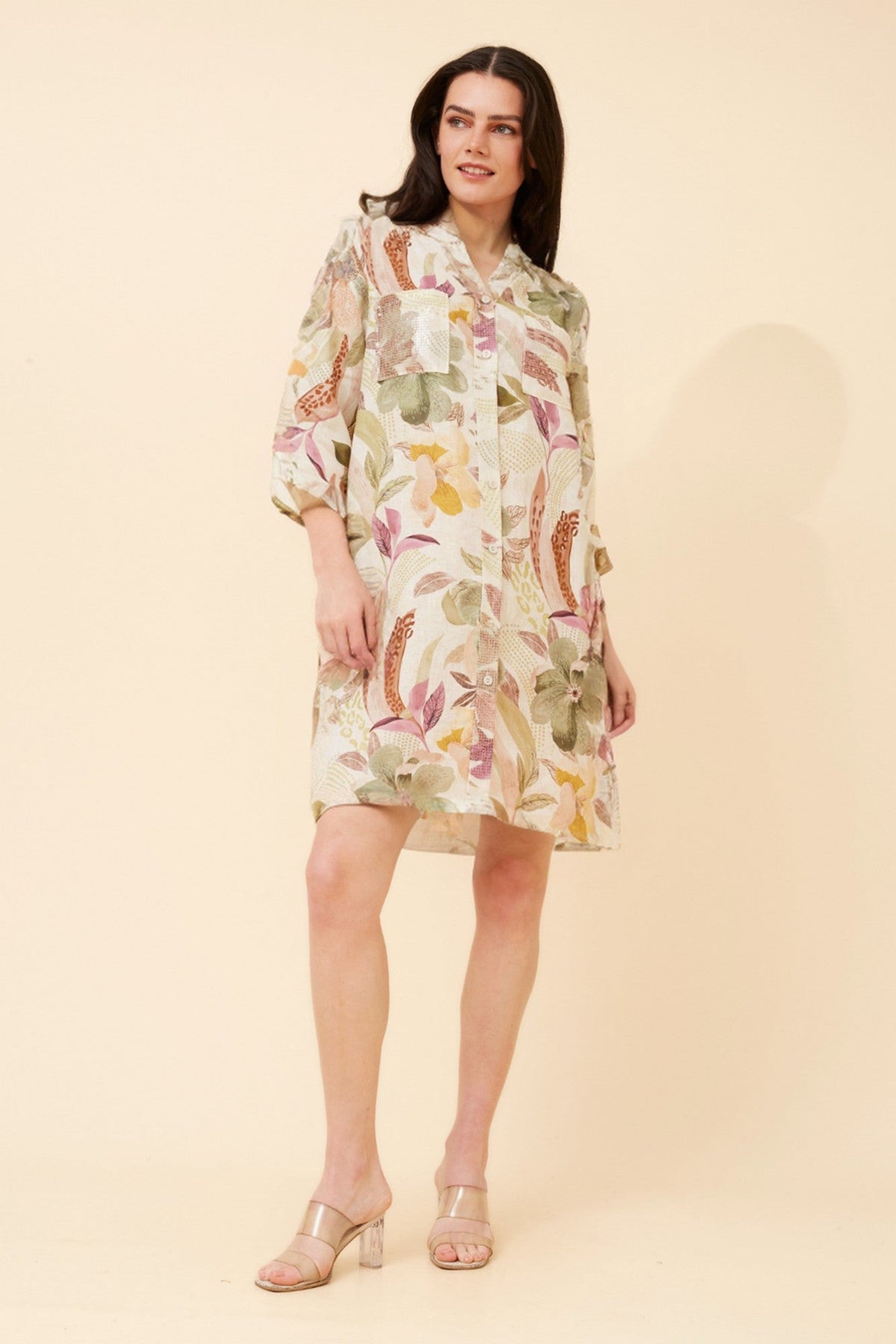 ELYSIA FLORAL LINEN DRESS (Multi Cream)