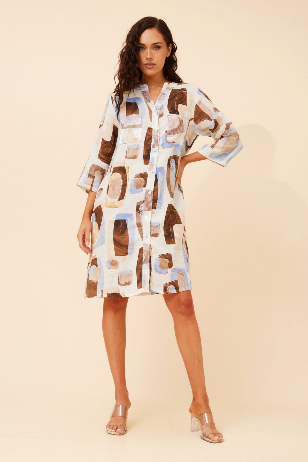 GRAZIA GEOMETRIC LINEN BLEND DRESS (Multi Cream)