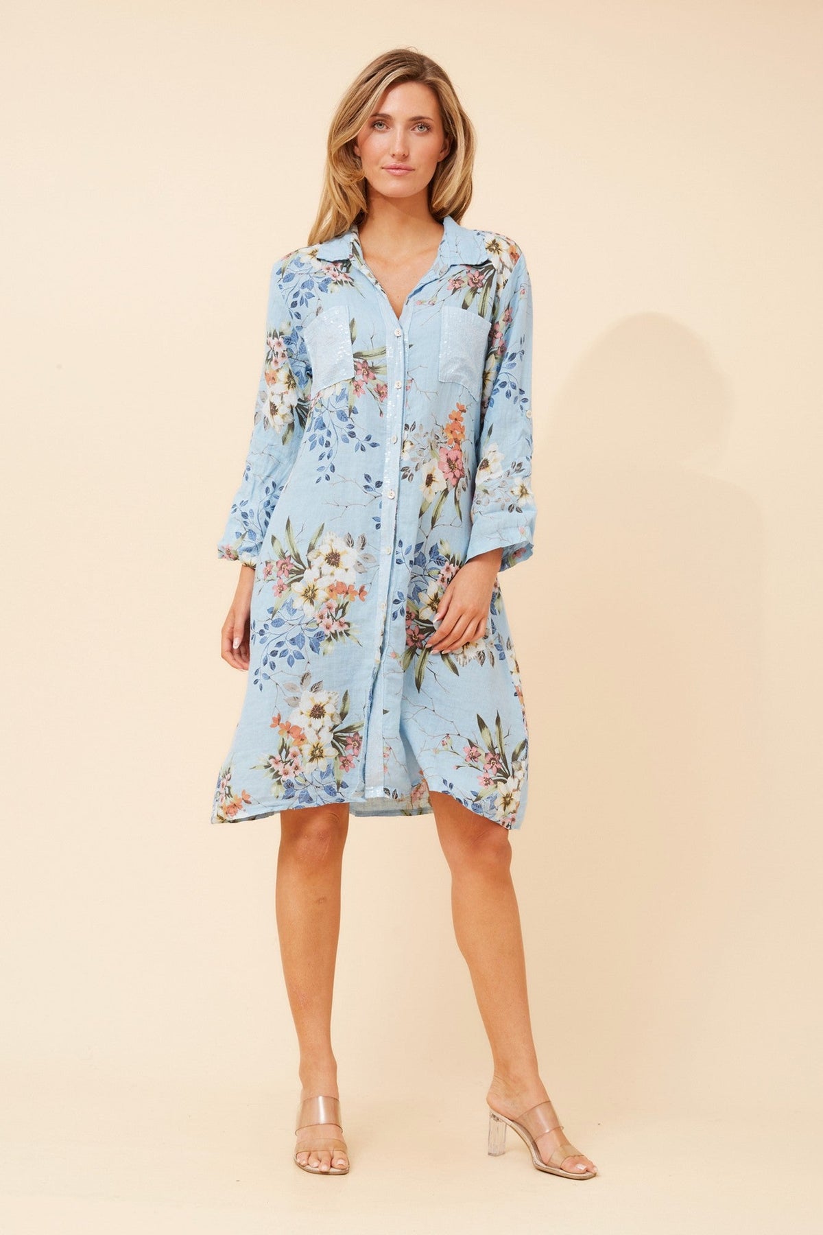 Image of Dresses. Product name - ELYSIA FLORAL LINEN DRESS in Light Blue colour by brand - BOTTEGA MODA
