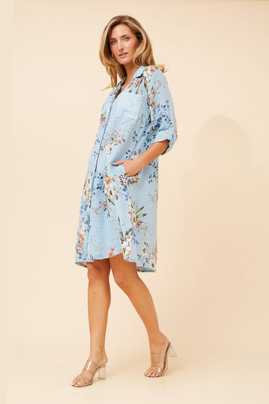 ELYSIA FLORAL LINEN DRESS (Light Blue)