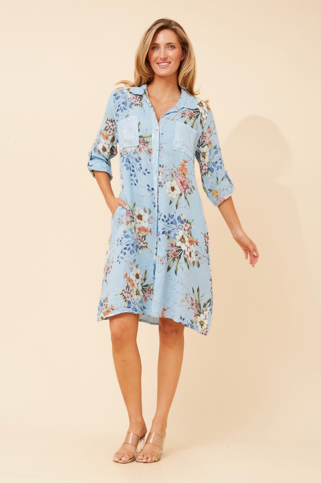 ELYSIA FLORAL LINEN DRESS (Light Blue)