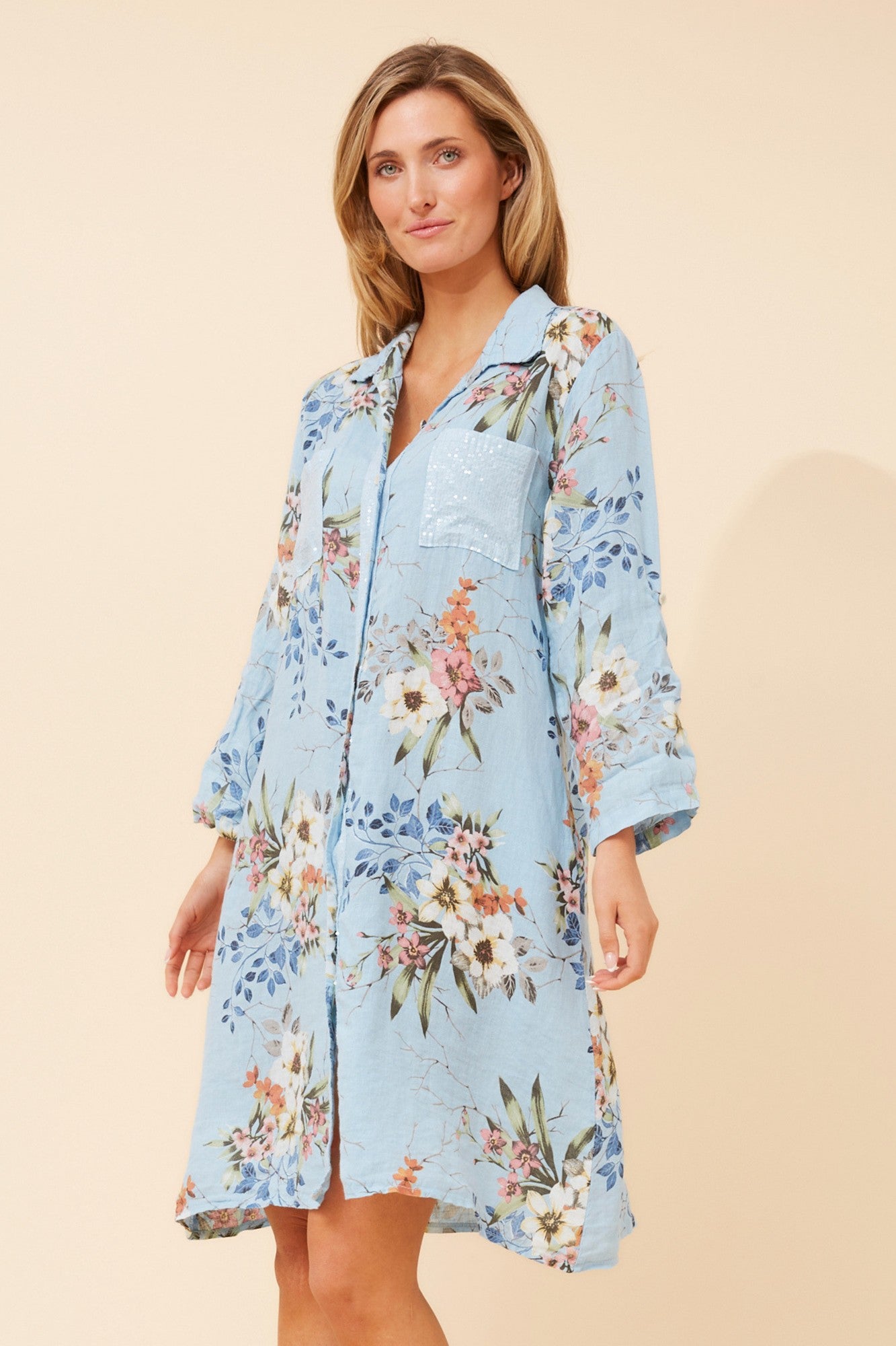 ELYSIA FLORAL LINEN DRESS (Light Blue)