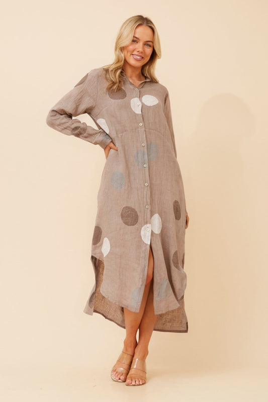 Image of Dresses. Product name - KIMMY POLKA DOT LINEN DRESS in Fango colour by brand - BOTTEGA MODA