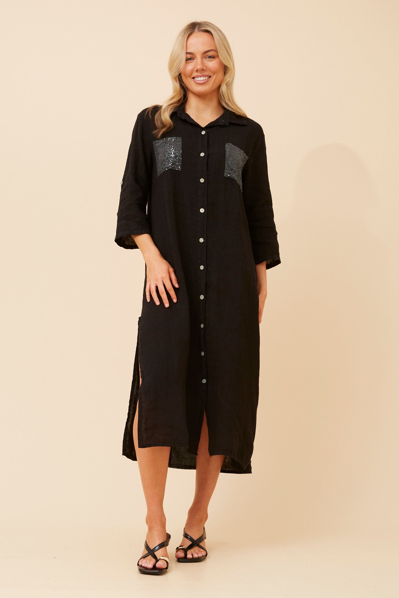 TERESIA LINEN MIDI DRESS (Black)