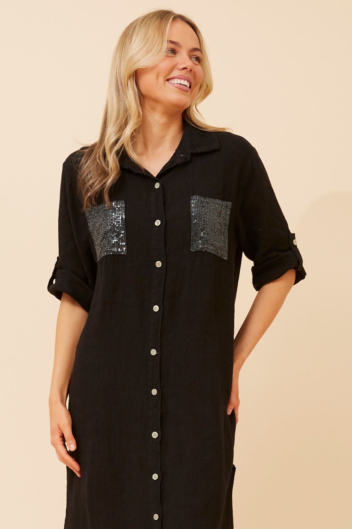 TERESIA LINEN MIDI DRESS (Black)