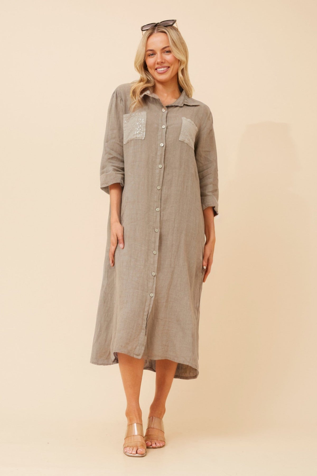 Image of Dresses. Product name - TERESIA LINEN MIDI DRESS in Fango colour by brand - BOTTEGA MODA