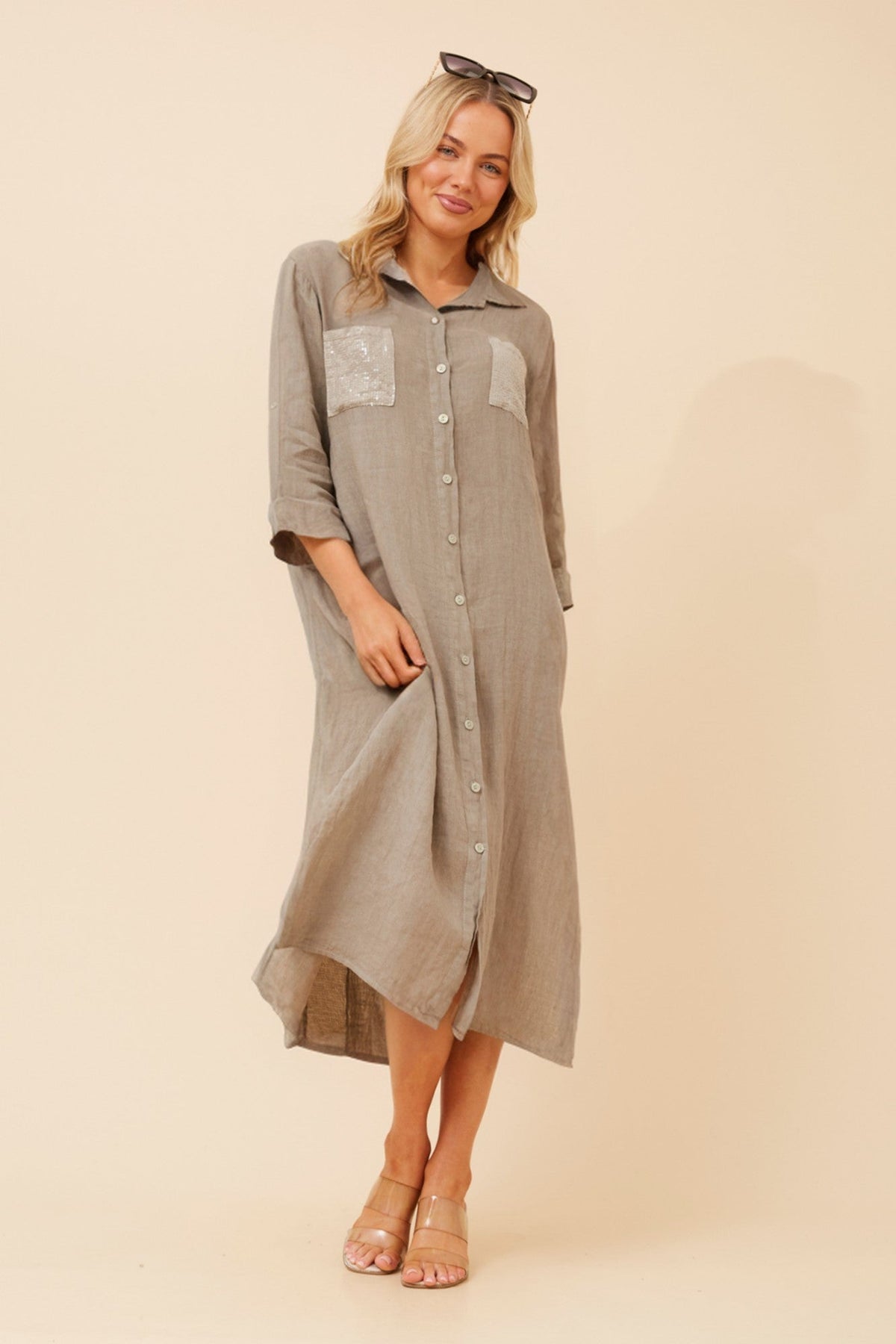 BOTTEGA MODA TERESIA LINEN MIDI DRESS (Fango)