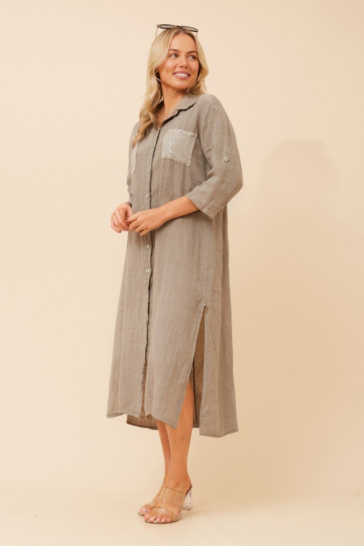 BOTTEGA MODA TERESIA LINEN MIDI DRESS (Fango)