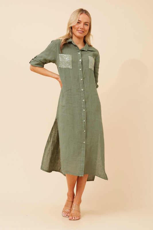 Image of Dresses. Product name - TERESIA LINEN MIDI DRESS in Black colour by brand - BOTTEGA MODA