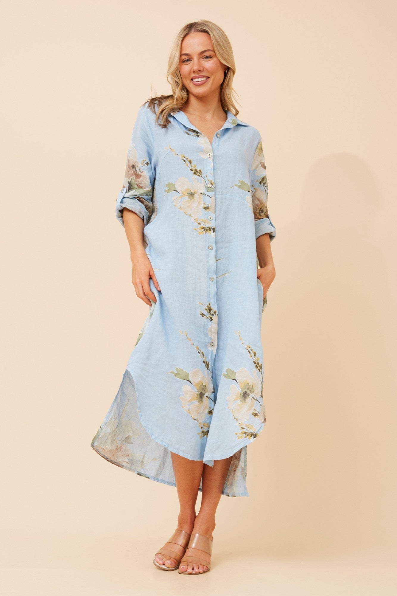 Image of Dresses. Product name - KIMMY FLORAL LINEN SHIRT DRESS in Light Blue colour by brand - BOTTEGA MODA