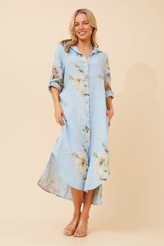 Image of Dresses. Product name - KIMMY FLORAL LINEN SHIRT DRESS in Light Blue colour by brand - BOTTEGA MODA
