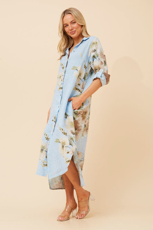 KIMMY FLORAL LINEN SHIRT DRESS (Light Blue)