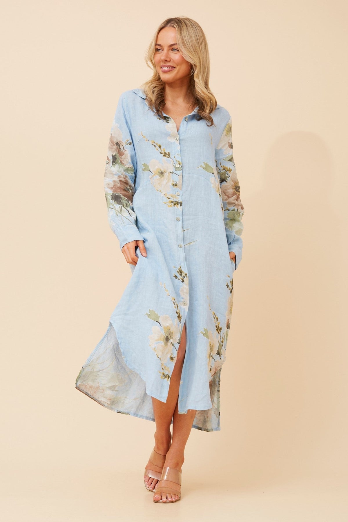 KIMMY FLORAL LINEN SHIRT DRESS (Light Blue)