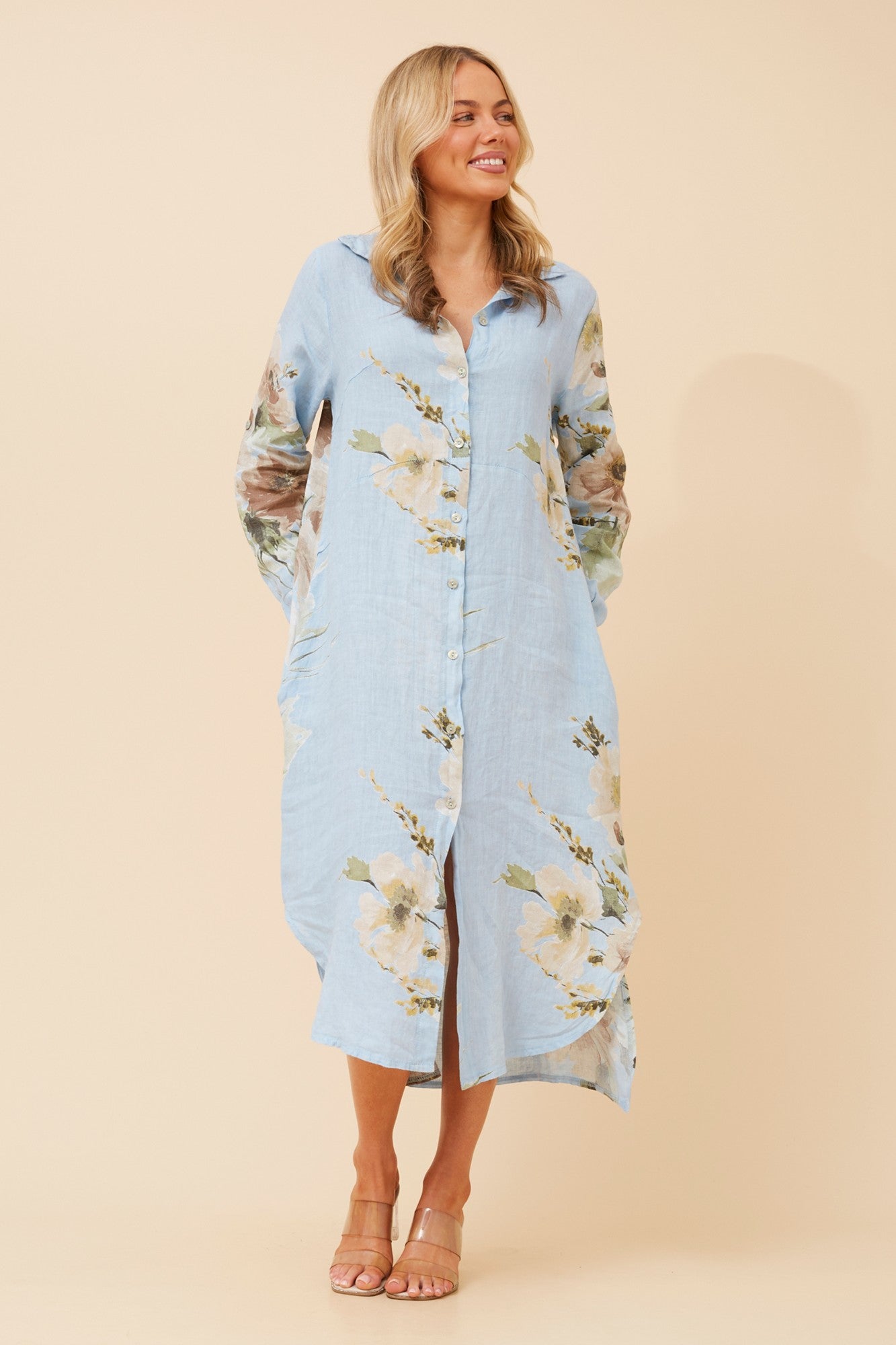 KIMMY FLORAL LINEN SHIRT DRESS (Light Blue)