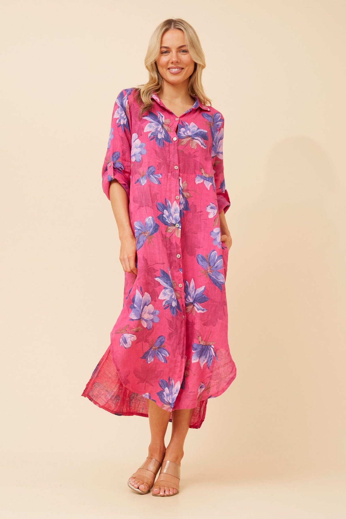Image of Dresses. Product name - KIMMY FLORAL LINEN SHIRT DRESS in Fuchsia colour by brand - BOTTEGA MODA