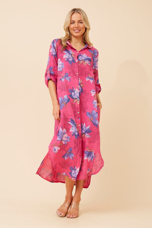 Image of Dresses. Product name - KIMMY FLORAL LINEN SHIRT DRESS in Fuchsia colour by brand - BOTTEGA MODA