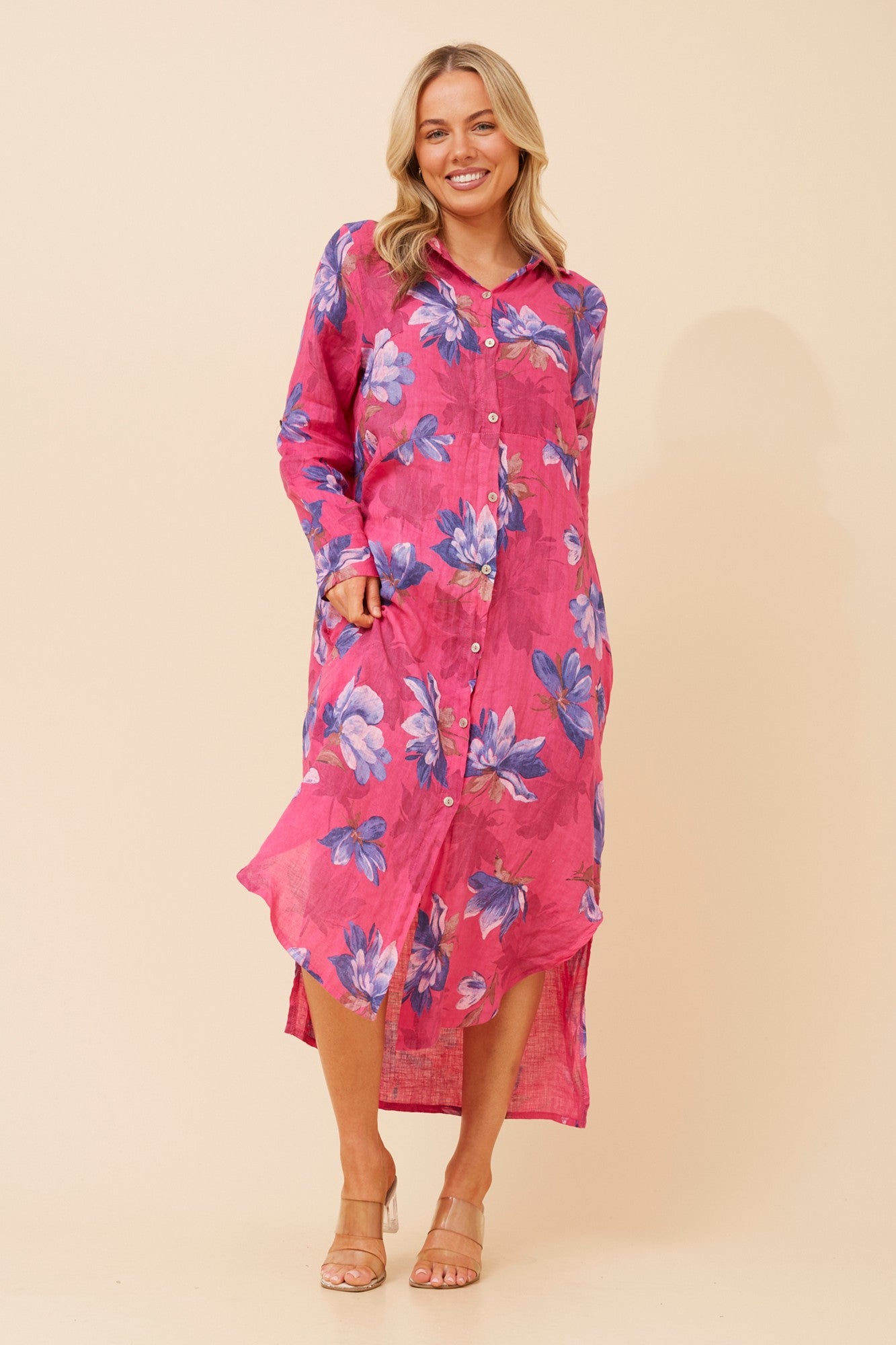 KIMMY FLORAL LINEN SHIRT DRESS (Fuchsia)