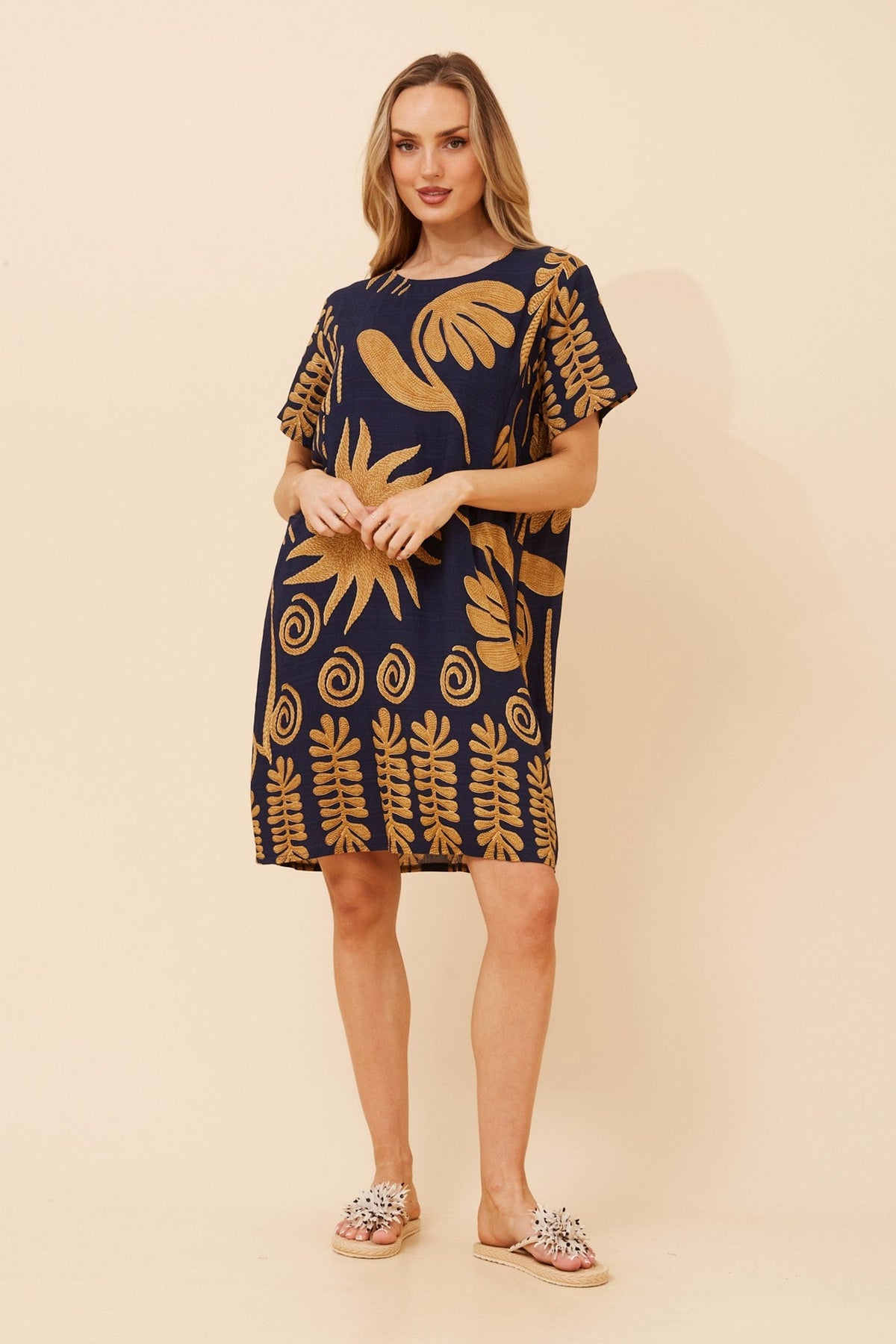 Image of Dresses. Product name - VINE ABSTRACT PRINT DRESS in Navy colour by brand - Caroline Morgan Australia