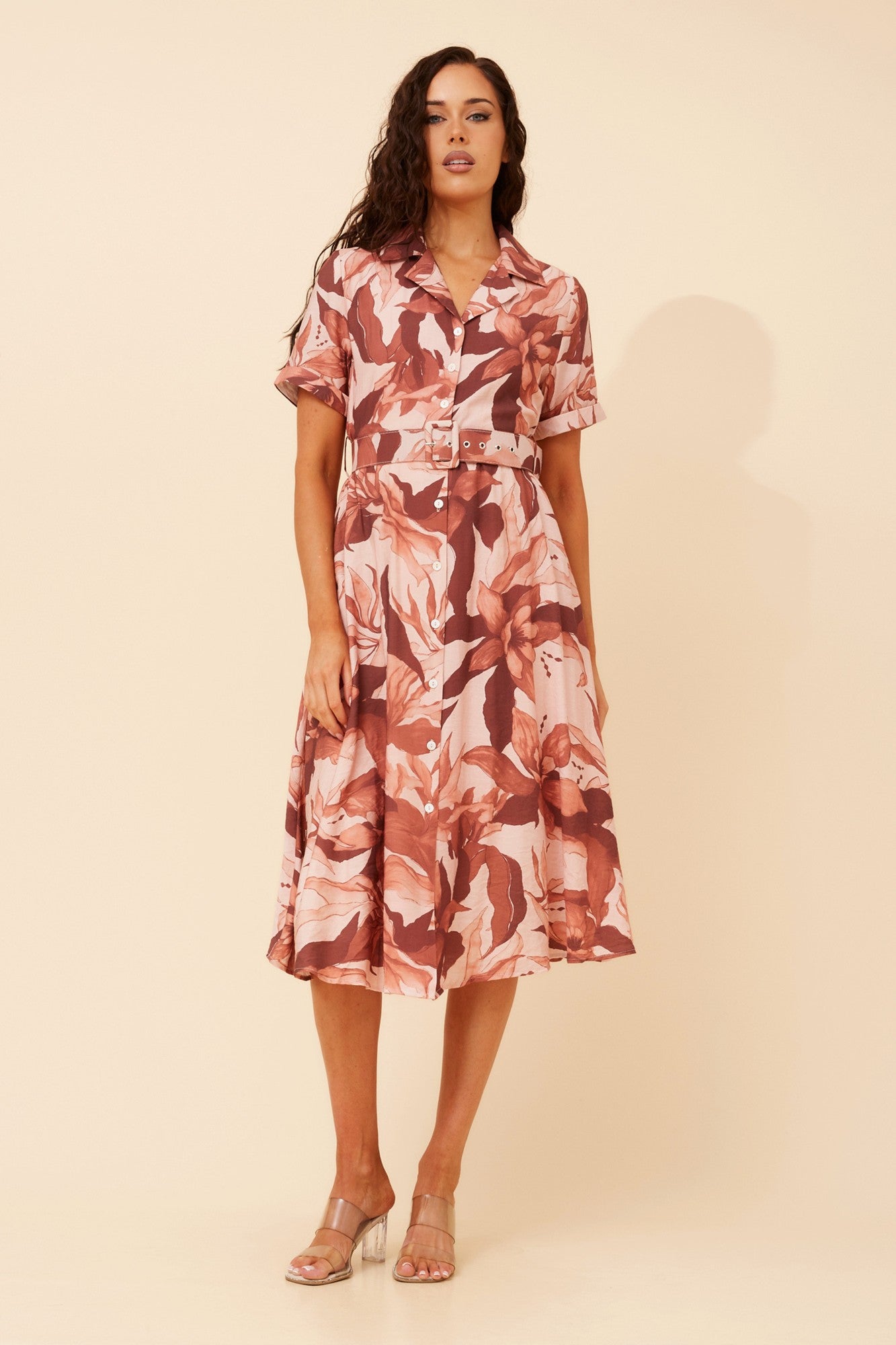 Image of Dresses. Product name - ALANIA FLORAL MIDI DRESS in Rosewood colour by brand - Caroline Morgan Australia